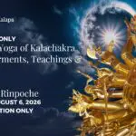 Banner about the event with text description of info, a picture of the Kalachakra statute at the right side and some unusual image formations like clouds and eclipse emerging at the upper right background.