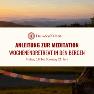 Beautiful poetic pic of the valley's view of Dzokden Kalapa on the sunrise, with Tibetan flags of the place moved by the wind, and a banner with the event info at the center.