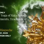 Banner about the event with text description of info, a picture of the Kalachakra statute at the right side and some unusual image formations like clouds and eclipse emerging at the upper right green background.