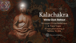 Picture in dark colours with a Buddha meditating, a Kalachakra Mandala, and Kalachakra deity picture behind in the background, including pith infos for the event.