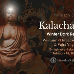 Picture in dark colours with a Buddha meditating, a Kalachakra Mandala, and Kalachakra deity picture behind in the background, including pith infos for the event.