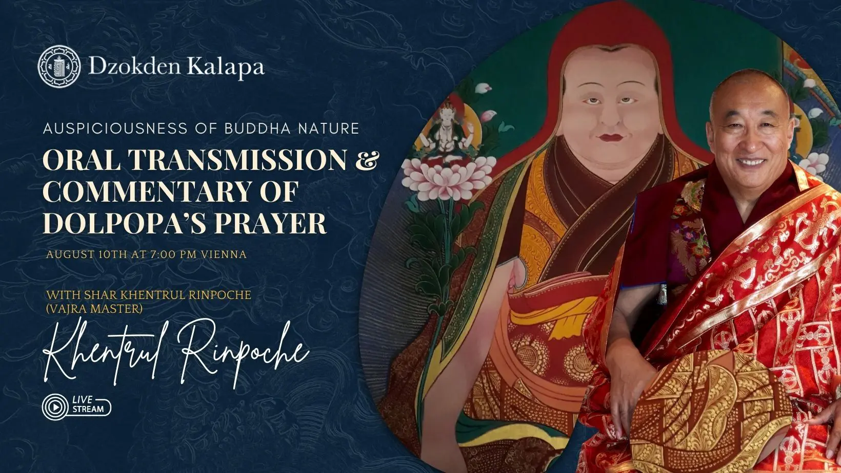 event banner with Dolpopa at the center and Shar Khentrul Rinpoche at the right with special robes
