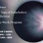 event banner of the 3rd vajra yoga practice retreat weeks with summary infos, inspiring images like smoke, eclipse and so forrth; background Amogasiddhi Buddha Family colour