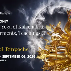 event banner of the 3rd vajra yoga with summary infos, a pic of the Kalachakra statue (exceprt) tot he right and some inspiring images like smoke, eclipse and so forrth; background Amogasiddhi Buddha Family colour