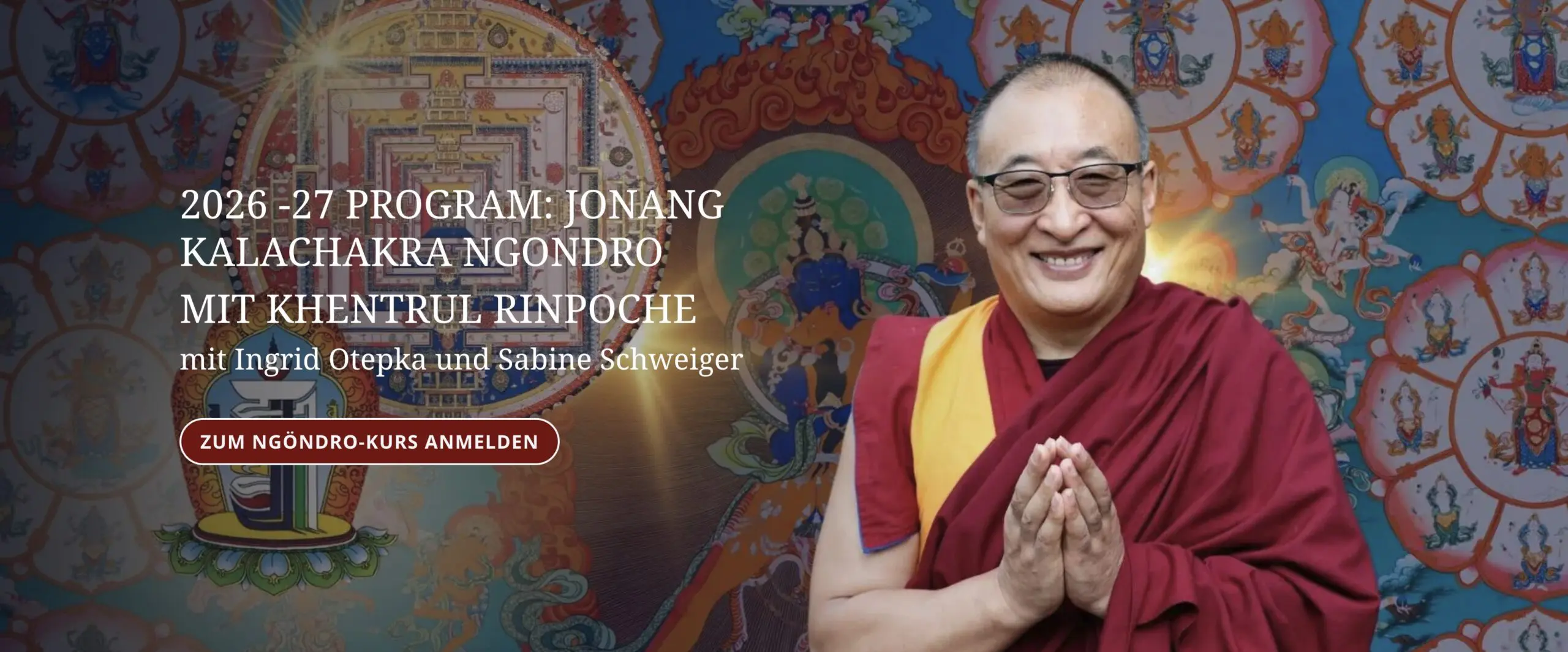 Event Banner with Khentrul Rinpoche smiling with prayer gesture and text description of the main event infos.