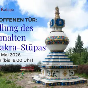 Event banner with Kalachakra-Stupa new painted picture with the open valley behind with inspiring clear clouds and blue sky.