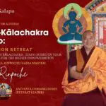 Event banner with the event title and short key words. Red background at the left, with the Kalachakra mandala at the right. Shar Rinpoche is on the center/right, with the blue Buddha Vajrasattva on the top of his head. Rafa Lobsang Dorje small image appears at the bottom left.